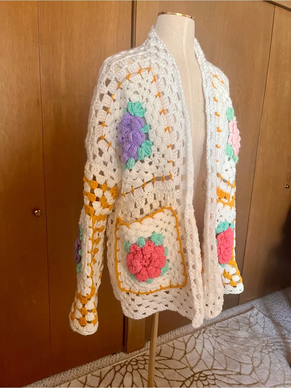 Adorable Handmade White Crochet Floral Cardigan Sweater - Picture 1 of 6